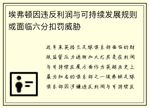 埃弗顿因违反利润与可持续发展规则或面临六分扣罚威胁