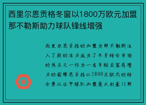 西里尔恩贡格冬窗以1800万欧元加盟那不勒斯助力球队锋线增强